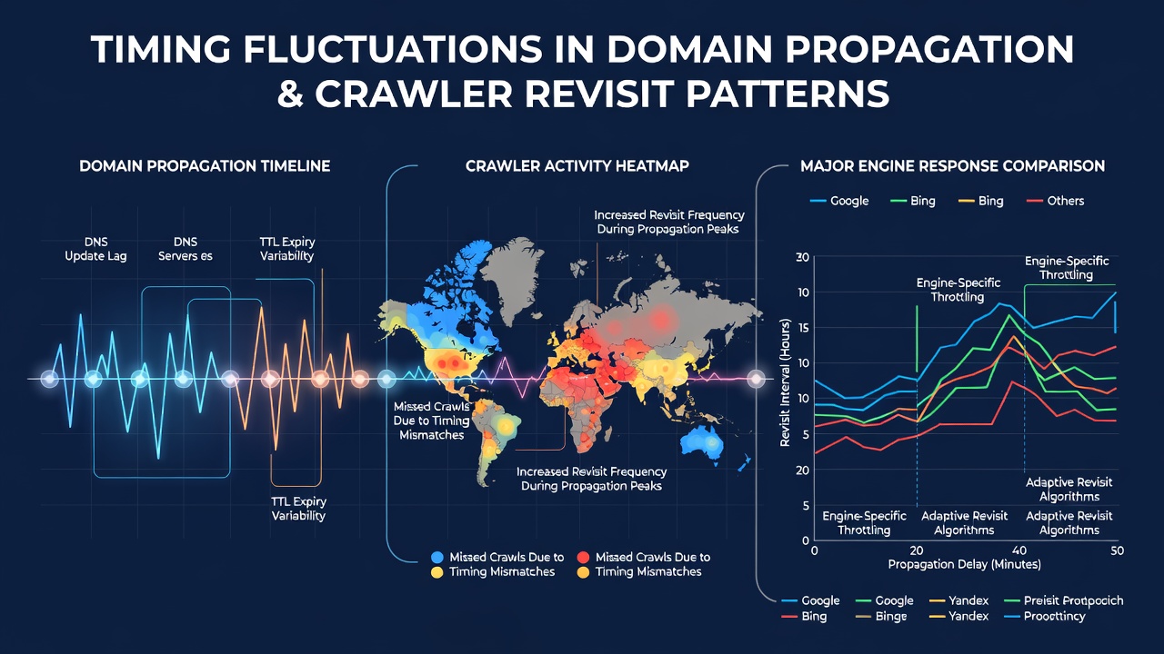 Chart displaying crawler revisit frequency shifts linked to DNS propagation timelines across engines